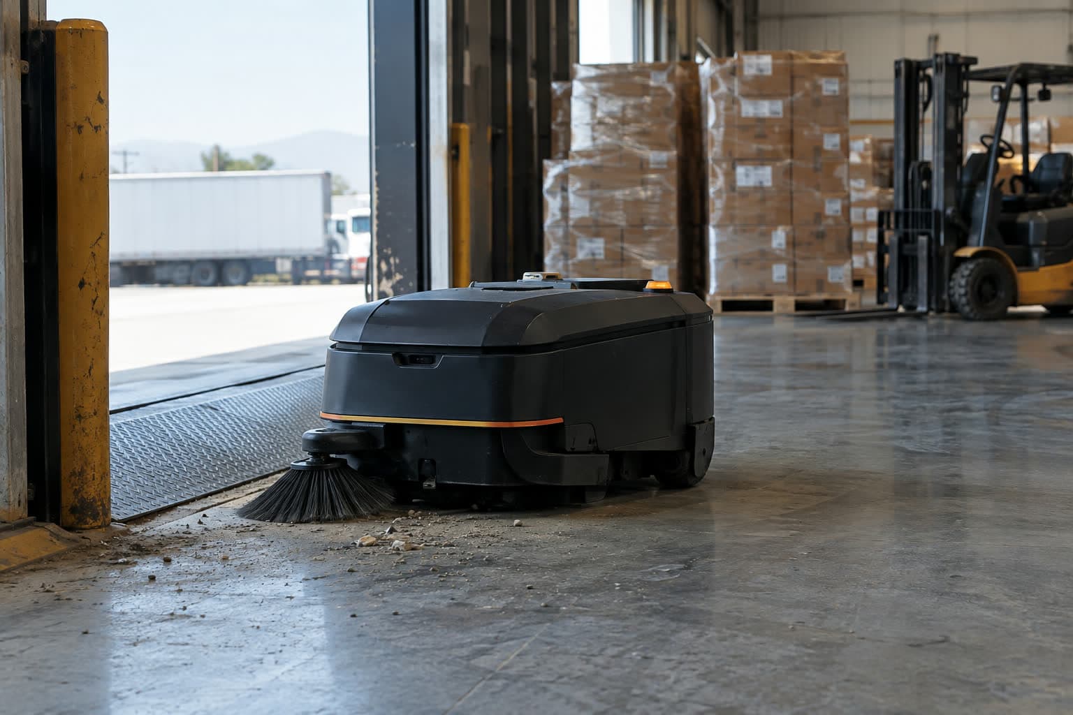 Autonomous sweeper at the loading dock of a logistics center.