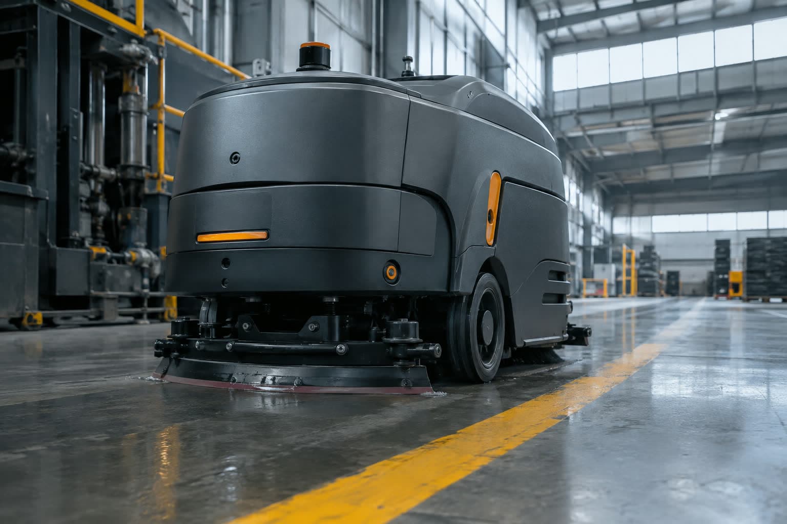 Close-up of an autonomous floor scrubber in a plant, next to a yellow line.