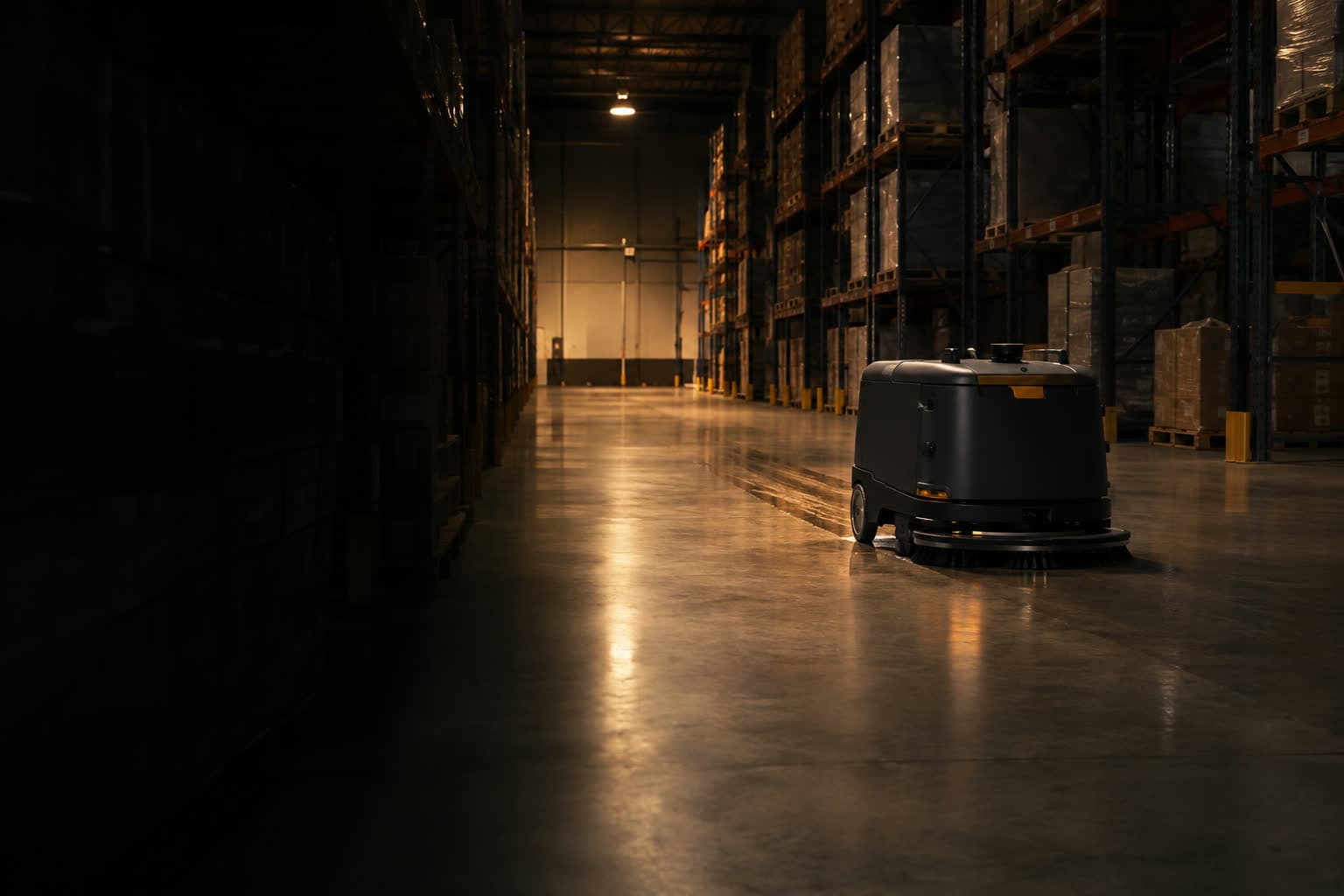 Autonomous cleaning robot working in an industrial facility at night.