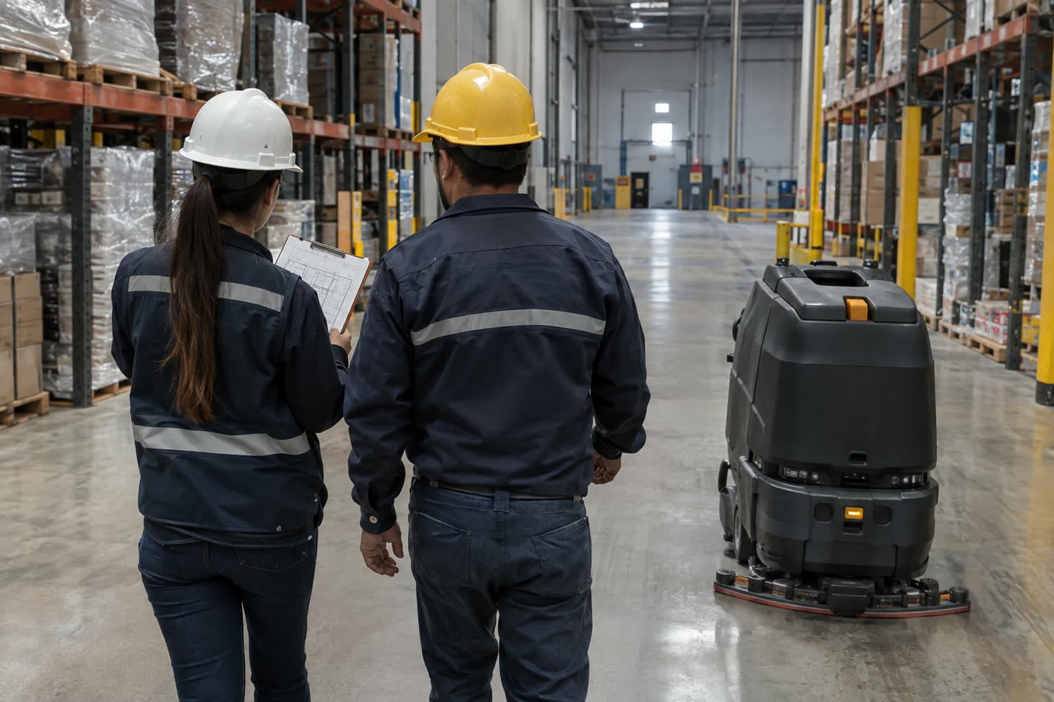 Plant manager and technician walking next to a cleaning robot with a floor plan.