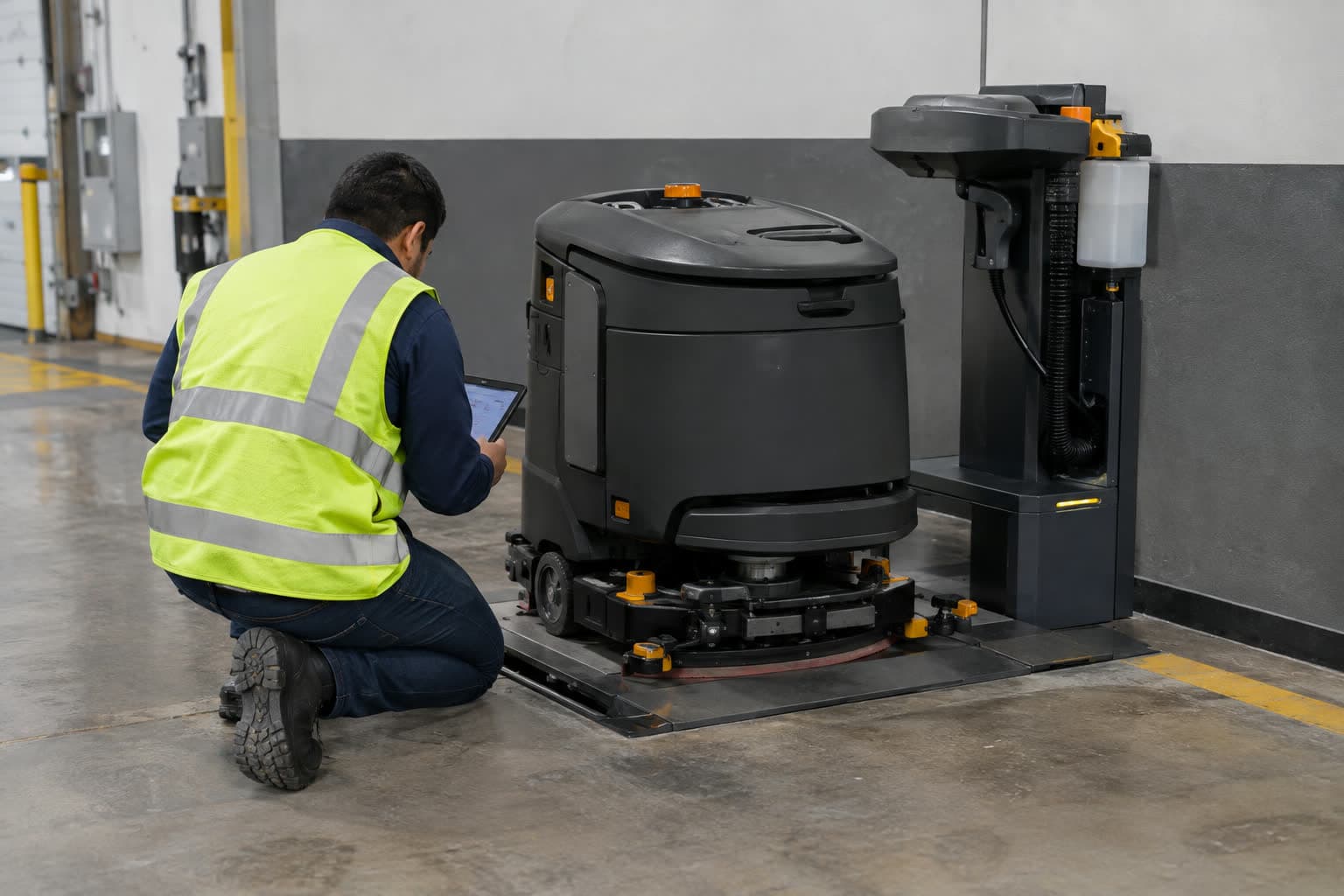 Technician checking a cleaning robot at its charging and water station.