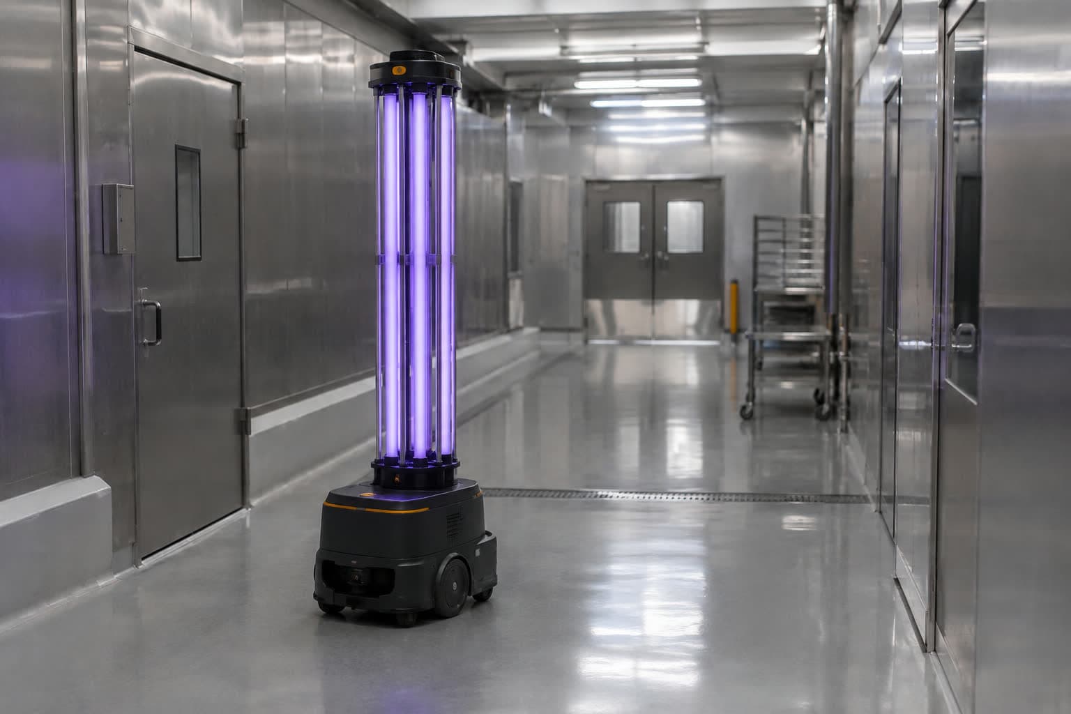 UVC disinfection robot in an empty corridor of a food plant.